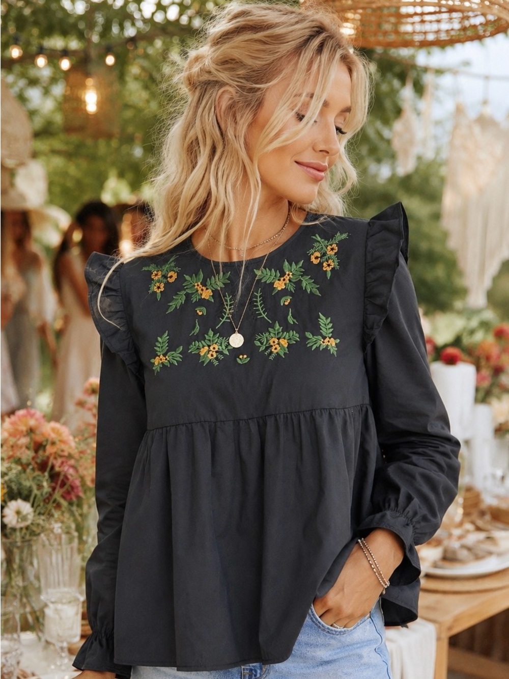 Bleuh Ciel Embroidered BabydollBlouse Sz S Black Boho Floral Ruffle Top Coquette